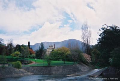 View of Mount Wellington from Cascade Gardens flood mitigation barage.