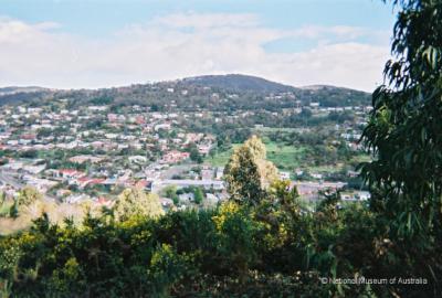 Looking towards Wellesley Park and Soccer Ground (partially hidden by tree)  -  formerly South Hobart Tip following 1967 Bushfires.